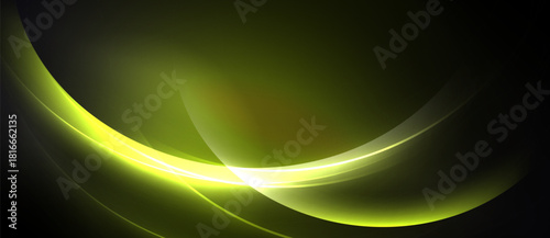 Abstract design features luminous curves, gradients. Dark background emphasizes bright yellow, olive tones. Smooth shapes create dynamic visual effect.
