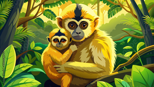 Photorealistic scene of a Yellow-Cheeked Gibbon mother embracing her infant on a tree branch, surrounded by deep forest greenery and gentle natural light