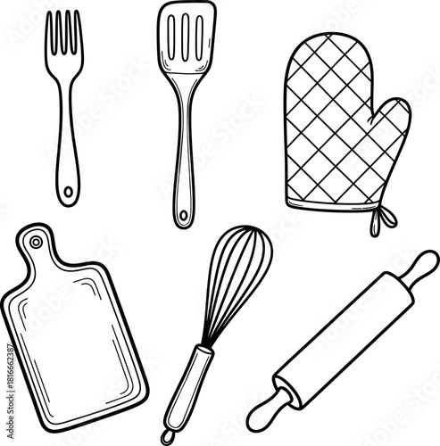 Kitchen utensils collection. Kitchen tools, Line art. Fork, knife, pot, holder, whisk, spoon, rolling pin and cutting board. Hand drawn vector illustration.