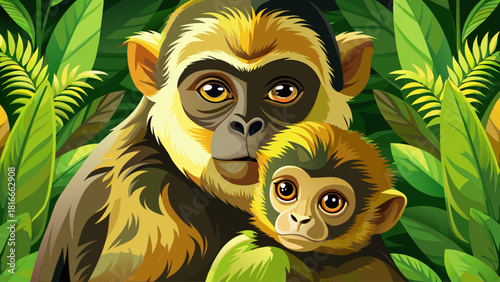 A tender close-up portrait of a Yellow-Cheeked Gibbon mother gently holding her baby in a lush green forest, captured in a soft, photorealistic wildlife style