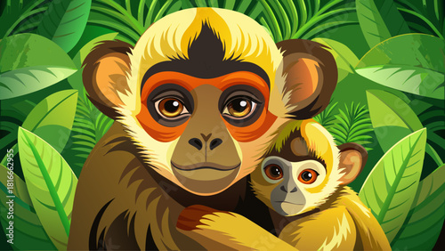 A tender close-up portrait of a Yellow-Cheeked Gibbon mother gently holding her baby in a lush green forest, captured in a soft, photorealistic wildlife style