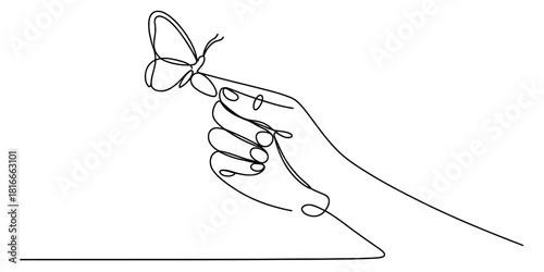 One line art drawing of human hand gently holding a delicate butterfly, symbolizing freedom, nature's beauty, and caring interaction concept Vector, illustration