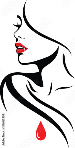 Elegant vampire woman with striking red lips and a single blood drop for captivating Halloween designs and edgy gothic artwork and vampire themed projects
