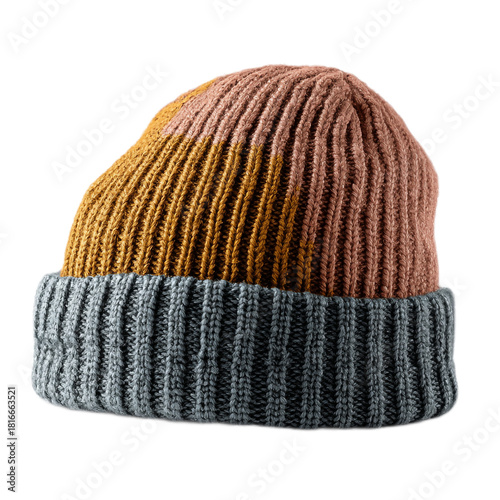 Single Knit Beanie with Vertical Stripes in Muted Tones on a White Background without Shadows for Stock Photography