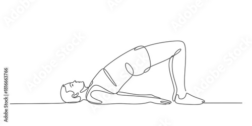 Continuous line drawing of a person performing a bridge yoga pose, illustrating core strength, flexibility, and physical wellness training Vector, illustration