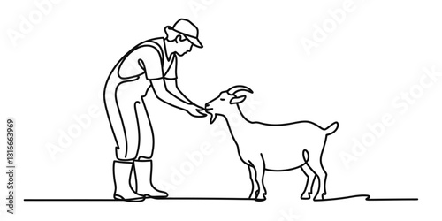 Farmer gently feeding a curious goat, a minimalist continuous line drawing capturing tender human-animal interaction and serene rural farm life. Vector, illustration