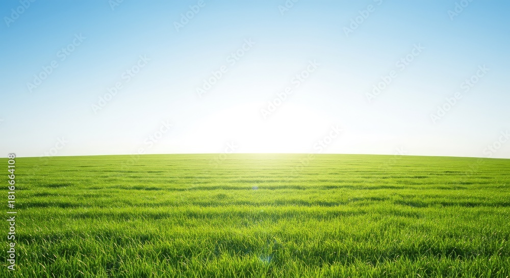 Obraz premium Expansive, perfectly level green meadow stretching toward a bright, open horizon under a clear sky, symbolizing equality and opportunity for all ,flat ,unbiased ,expanse
