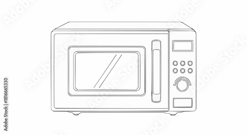 Detailed Line Art of a Modern Microwave Oven Appliance.