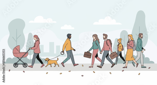 Diverse group of people walking together on a city sidewalk illustration.