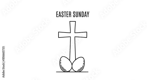 Easter Sunday Christian cross and eggs line art vector illustration, outline drawing, coloring page graphic design element 