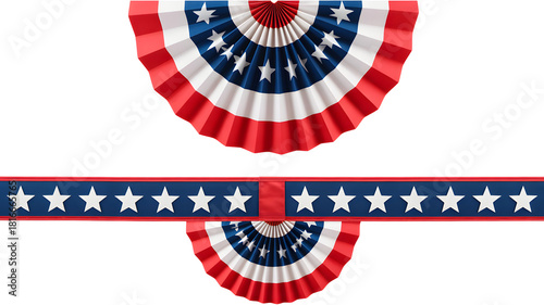 Festive red white and blue american patriotic bunting and star garland decoration isolated on transparent background