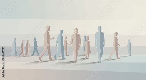 Abstract illustration of a crowd of stylized people walking forward.