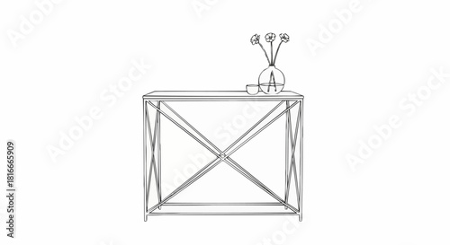 Elegant metal console table with decorative vase and flowers.