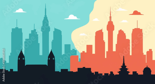 Dual city skylines illustration with contrasting color schemes.