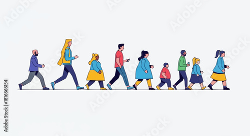 Diverse Group of People Walking Together in a Line.