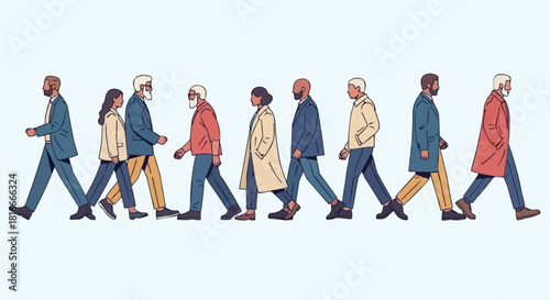 A diverse group of senior citizens walking together in a row.