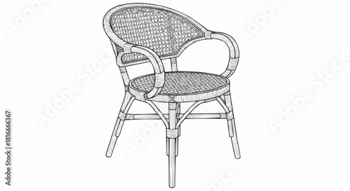 Detailed Line Art Illustration of a Wicker Armchair with Rounded Back.
