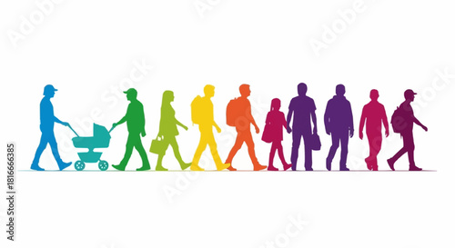 Colorful silhouettes of diverse people walking together in a line.