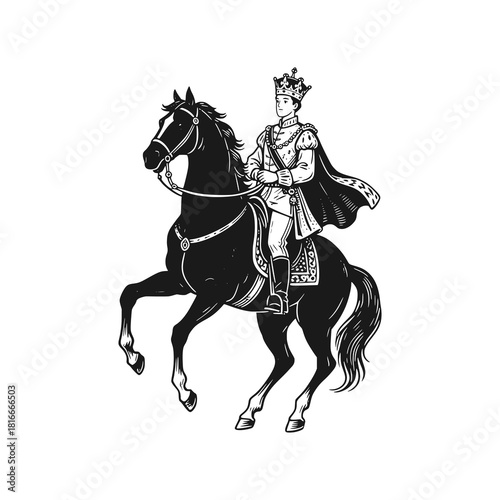 Knight riding a horse. Black white vector illustration.