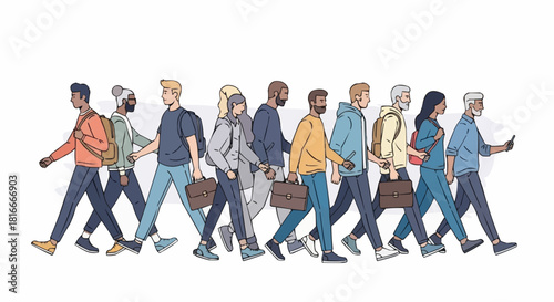 Diverse group of people walking together in a line.