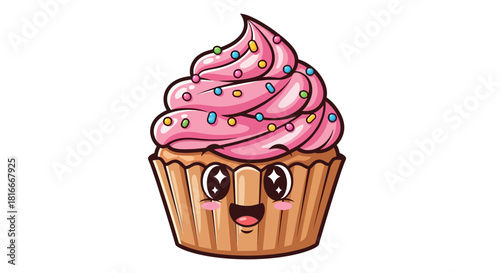 Adorable cartoon cupcake with swirled pink frosting, colorful sprinkles, and a happy kawaii face.