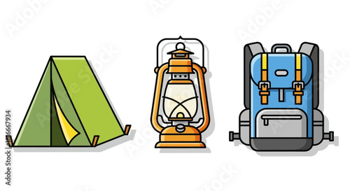 Camping Gear - Green Tent, Vintage Lantern, and Blue Backpack Illustration.