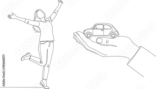 Joyful person celebrates receiving a new car held in a hand