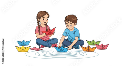 Two children playing with colorful paper boats, sitting on the floor, creating ripples.