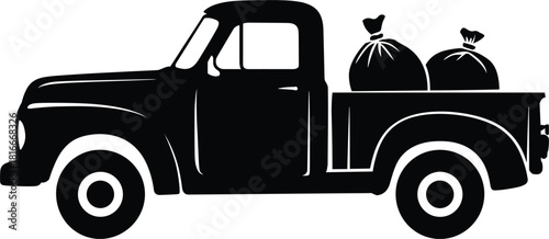 Black silhouette of a vintage pickup truck carrying two sacks retro