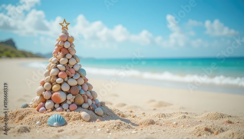 Seashell christmas tree on a sandy beach with a gold star and blue sky in the background on a sunny day