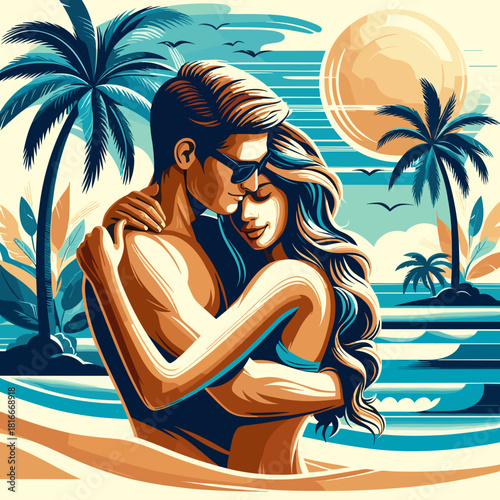Romantic Couple Embracing on the Beach in Tropical Illustration 