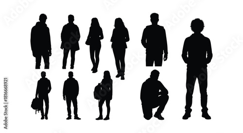 Silhouettes of people a group standing and some individuals isolated