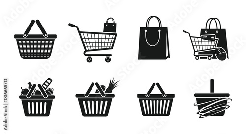 Diverse collection of shopping baskets carts and bags in black and white