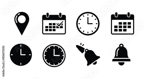 Collection of minimalist icons depicting location time calendar and notification