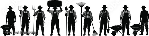 Farmer silhouettes set, agriculture workers vector, men with tools, pitchfork shovel rake wheelbarrow, rural farming collection, gardening people illustration, black isolated figures, harvest season.