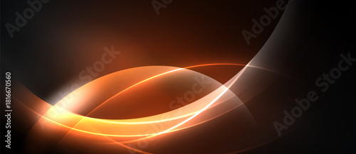 Abstract design features glowing orange curves against dark background. Smooth lines create dynamic, modern visual effect.