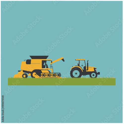Vector illustration of a yellow combine harvester and a tractor on green grass, depicting modern agriculture.