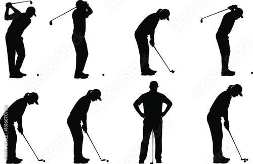 Golf silhouettes set, vector collection of men and women players swinging clubs, black isolated figures on white background, sport game illustration design