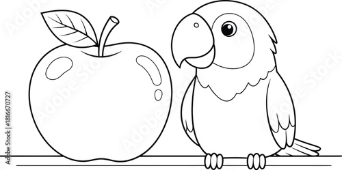 Cute Parrot with Apple on Branch – Fun Cartoon Line Art Illustration for Kids, Animals, Coloring Pages, and Educational Projects