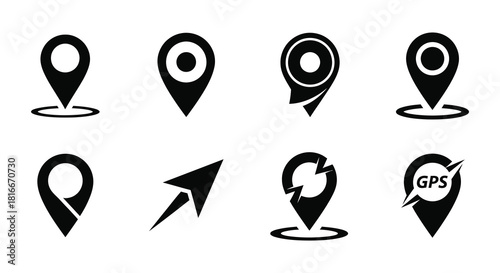 Collection of various black location pin and map marker icons displayed together