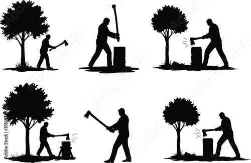 Silhouette man chopping wood under trees, outdoor lumberjack activity illustration showing axe action poses for forestry work design, cad drawing flat vector 