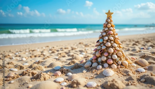 A seashell christmas tree on a sandy beach with a star and ocean waves in the background on a sunny day