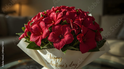 Close-up of vibrant red poinsettia flowers in a wrapped bouquet with 'Happy Valentine's Day' message