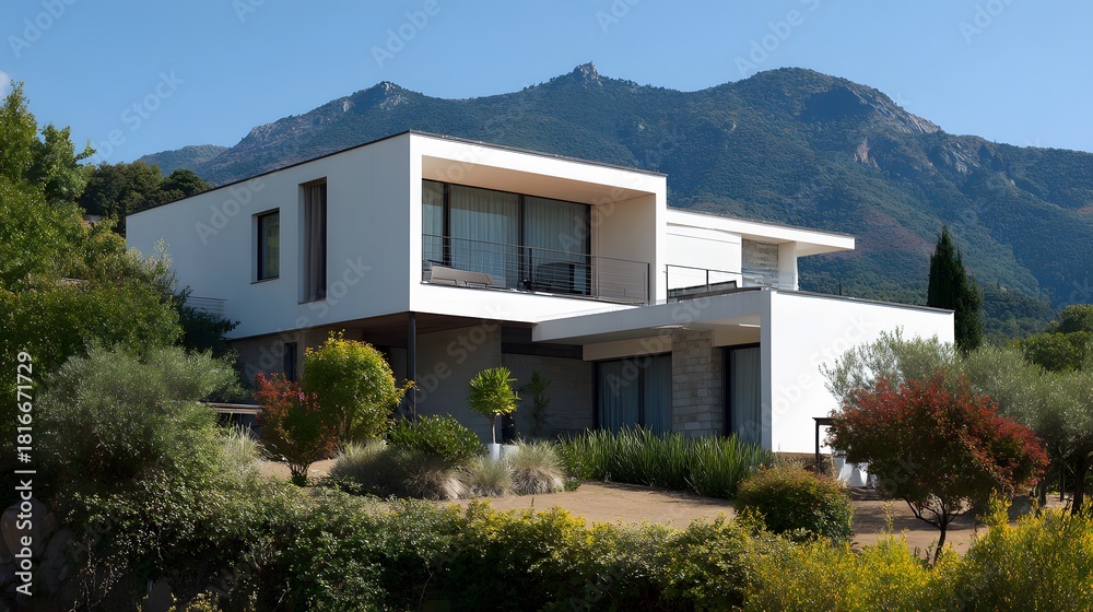 Obraz premium Modern White House with Mountain Backdrop and Lush Greenery.