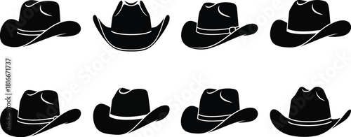 Collection of black cowboy hats presented in a repeating pattern arrangement