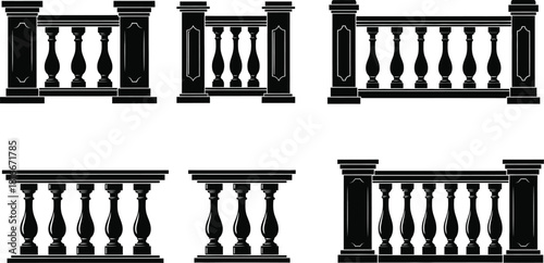 Black and white designs of ornate balcony railings and decorative fence sections