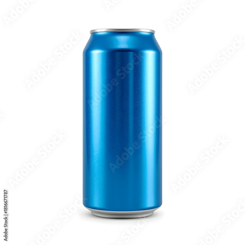 Single tall metallic blue aluminum beverage can with silver rim and matte finish isolated on plain white studio background