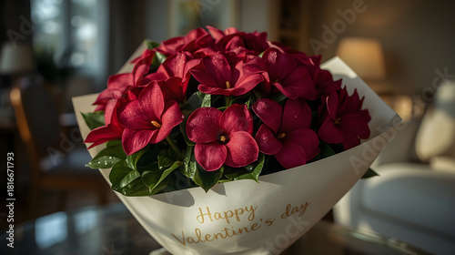 Close-up of vibrant pink and red mandevilla flowers wrapped in white paper with 'Happy Valentine's Day' written in black marker on a wooden table