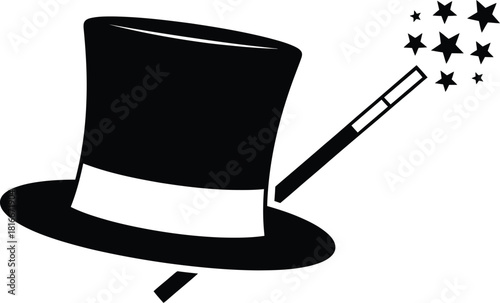 A black top hat with a magic wand and sparkling stars illustration