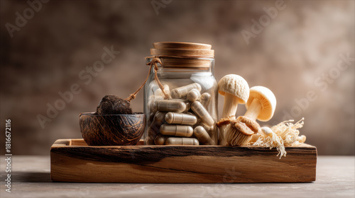 Medicinal mushrooms and supplements in a wooden tray for natural health. This image showcases a selection of medicinal mushrooms and capsules, promoting wellness and alternative medicine